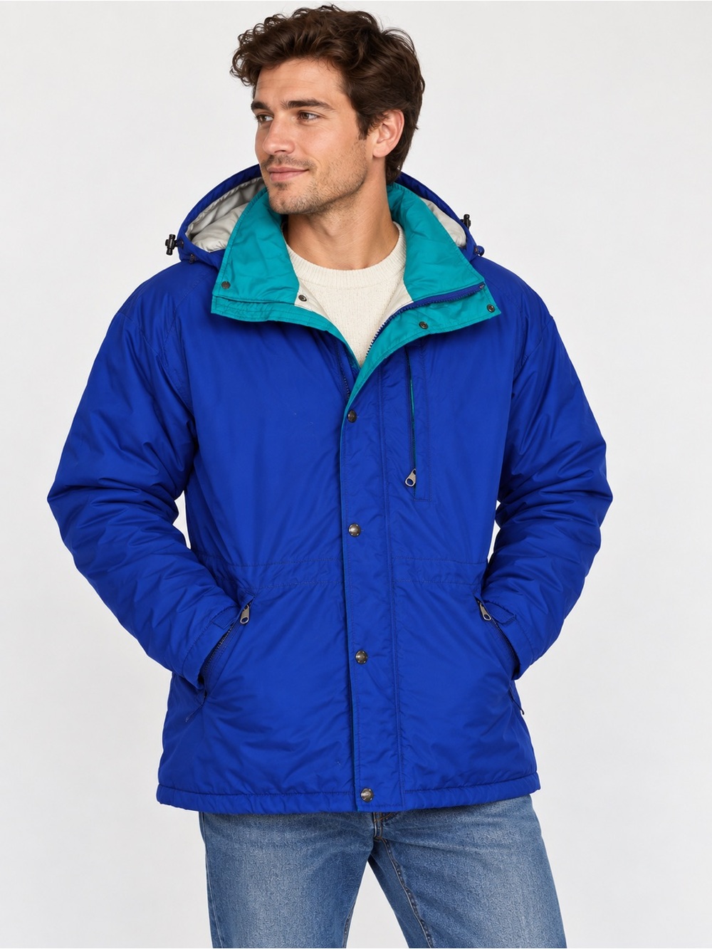 Vintage LL Bean Thinsulate Parka Jacket Blue Teal Made in USA Mens Large Hooded